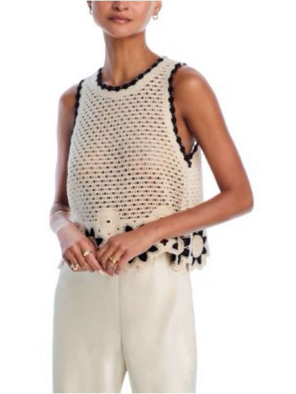 Bloomingdale's Aqua Cream Crochet Flower-Trim Sleeveless Tank
